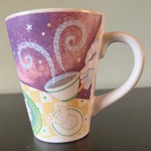 Tall Cozy Mug ~ Steaming Kettle, Cup & Cookies Scene ~ Starry Purple Background